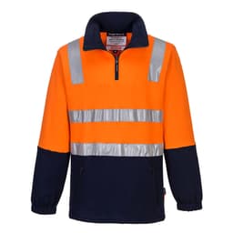 An orange and navy fleece jumper with reflective stripes and a quarter zip. It features a logo on the label.