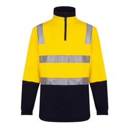 A cotton fleece jumper in high visibility yellow with reflective silver stripes and a navy blue lower section.