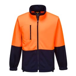 A fleece jumper featuring a high-visibility orange body with navy sleeves, complete with a front pocket and a logo.