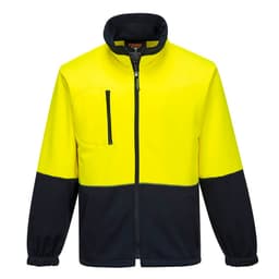 A bright yellow and navy fleece jumper featuring a zip front and a chest pocket, with an emblem on the collar.
