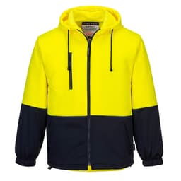A bright yellow and navy fleece hoodie featuring a zip front, adjustable hood, and elastic cuffs. It has a logo.