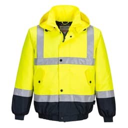 A high-visibility jacket in bright yellow and navy, featuring reflective stripes and a hood. It includes a logo.