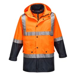A Hi-Vis 4in1 jacket featuring bright orange and black colours, with reflective strips and a hood. It has a logo.