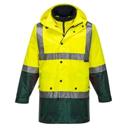 A hi-vis jacket in bright yellow with dark green accents and reflective strips, featuring a hood and front buttons.