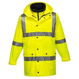 A high-visibility yellow 4-in-1 jacket featuring reflective stripes and a hood. Includes a branding logo.