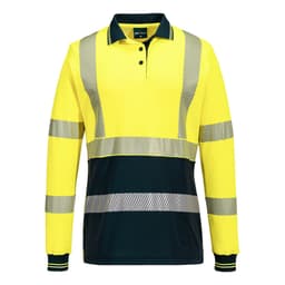 A long-sleeve polo shirt in bright yellow with navy sections and reflective stripes. The shirt features a collar and has a logo.