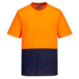 A two-tone short-sleeve t-shirt featuring a vibrant orange upper and navy blue lower section. It has a branding logo.