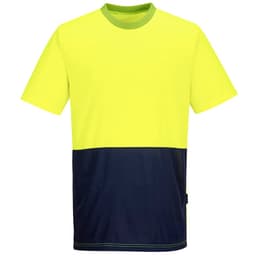 A two-tone short-sleeve t-shirt in high visibility yellow and navy blue with a logo branding.