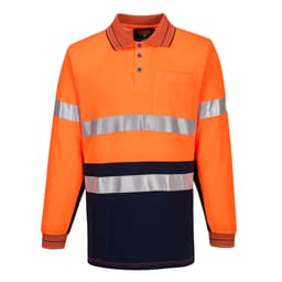 An orange and navy long-sleeve polo shirt featuring reflective stripes and a pocket. It has a logo on the chest.
