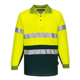 Long-sleeve high-visibility work polo shirt in bright yellow and dark green, featuring reflective stripes and a pocket.