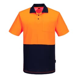 A short-sleeved polo shirt in high-visibility orange with a navy blue contrast at the bottom and a pocket. Features a logo.