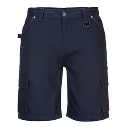 Navy blue stretch slim fit shorts with pockets and a loop for accessories. Features branding on the waistband.