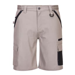 Slim fit work shorts in a light grey shade, featuring multiple pockets and a logo detail.