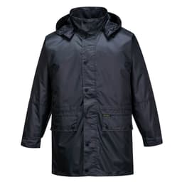 A black rain jacket featuring a hood and button-up front, with pockets and a logo.