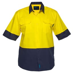 A short-sleeved shirt in safety yellow and navy, featuring two chest pockets and a logo. Ideal for workwear.