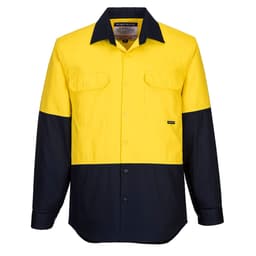 A long-sleeve work shirt in high-visibility yellow and dark navy, featuring two chest pockets and a logo.