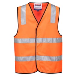 Hi-Vis vest in bright orange with reflective stripes and black trim. Features a logo on the chest area.