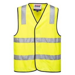 A bright yellow Hi-Vis vest featuring reflective stripes and a logo. It is designed for safety wear.