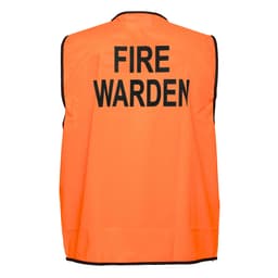 An orange vest with black text reading "FIRE WARDEN." The vest features a simple design and has a branding logo.