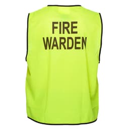 A bright yellow vest with black trim, featuring the text "FIRE WARDEN" on the back.