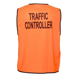 An orange traffic control vest with black borders and a logo, designed for safety wear.