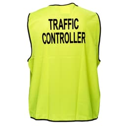 A bright yellow traffic control vest with black edging and a logo, featuring the words "TRAFFIC CONTROLLER" on the back.