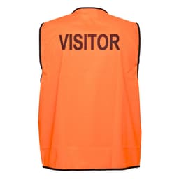 An orange hi-vis vest with black text displaying "VISITOR" on the back. It features a logo at the front.