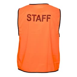 An orange hi-vis vest designed for staff, featuring a logo and a sleeveless design.