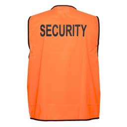 An orange hi-visibility vest with black trim, featuring the word "SECURITY" prominently on the back.