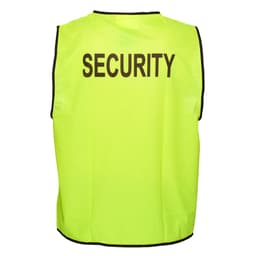 A bright yellow hi-vis security vest with black trim and a logo, designed for safety wear.