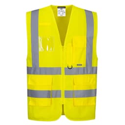 A high-visibility yellow vest with reflective strips and several pockets. It features a front zip and has a logo.