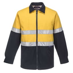 A wool blend jacket featuring blue and yellow colours with reflective stripes and pockets. It has a zip front and a collar.