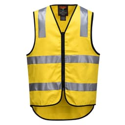 A bright yellow hi-vis vest featuring reflective stripes and a front zipper, designed for workwear.