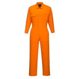 An orange lightweight coverall with long sleeves, a chest pocket, and a logo on the front.