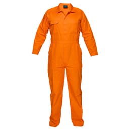 An orange lightweight coverall with long sleeves and multiple pockets, featuring a logo. Ideal for workwear.