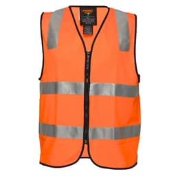 An orange hi-vis zip vest with reflective stripes and a front zipper, featuring a logo on the upper section.