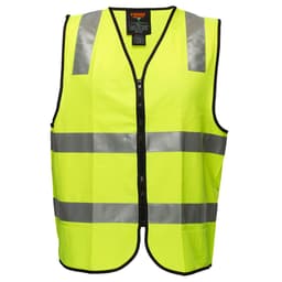 A high-visibility yellow zip vest featuring reflective strips, designed for safety wear. It includes a logo on the label.