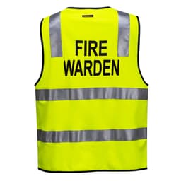 A fluorescent yellow vest with reflective strips and a logo, labelled "FIRE WARDEN" on the back.