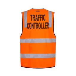 An orange safety vest with reflective strips and a logo, labelled "TRAFFIC CONTROLLER" on the back.