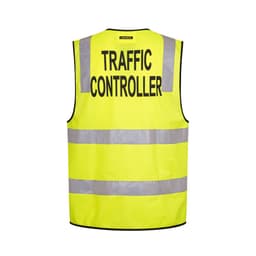 A bright yellow traffic control vest featuring reflective stripes and text. The vest has a branding logo.