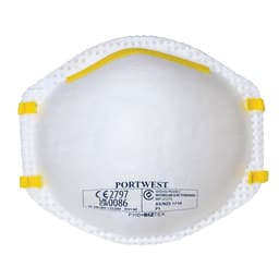 A white respirator mask with yellow straps and a branding logo.