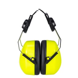 Hi-Vis clip-on ear protectors in bright yellow with black padding and adjustable metal arms, featuring a logo.