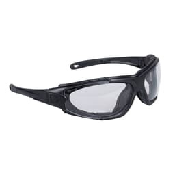 A pair of black safety spectacles with clear lenses and a sturdy frame, featuring a logo on the side.