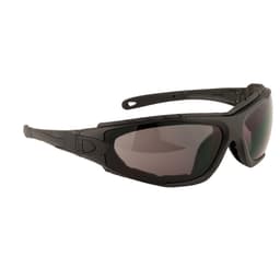 A pair of black safety spectacles with tinted lenses and a sleek design. The glasses have a logo on the side.