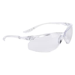 Clear safety spectacles with a lightweight frame, featuring a logo on the side.