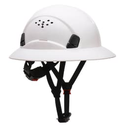 A white full brim hard hat with adjustable straps and ventilation holes, featuring a logo on the front.