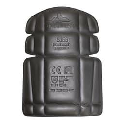 A pair of black knee pads with a contoured design and an embossed logo.