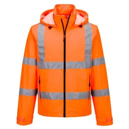 A high-visibility lightweight packable jacket in bright orange with reflective stripes and a hood. Features a zip front and pockets.