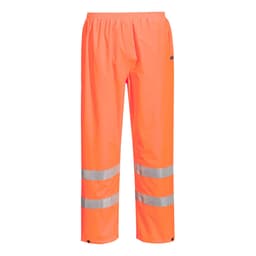 Hi-Vis lightweight packable trousers in bright orange with reflective stripes. Elasticated waistband for comfort.