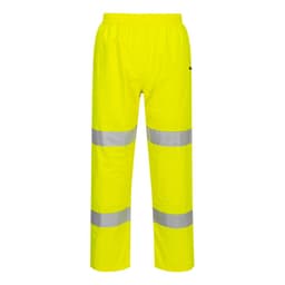 Hi-Vis lightweight packable trousers in bright yellow with silver reflective stripes. Features an elastic waistband and has a logo.